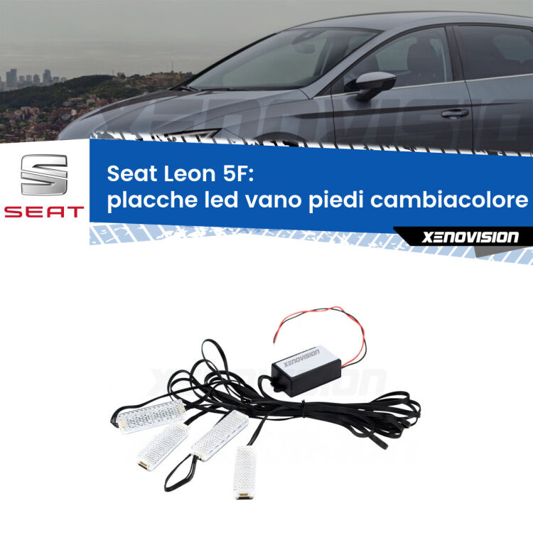 Placche LED vano piedi cambiacolore bluetooth per Seat Leon 5F 2012 in poi <strong>Kit placche LED cambiacolore vano piedi Seat Leon</strong> 5F 2012 in poi. 4 placche <strong>Bluetooth</strong> con app Android /iOS.