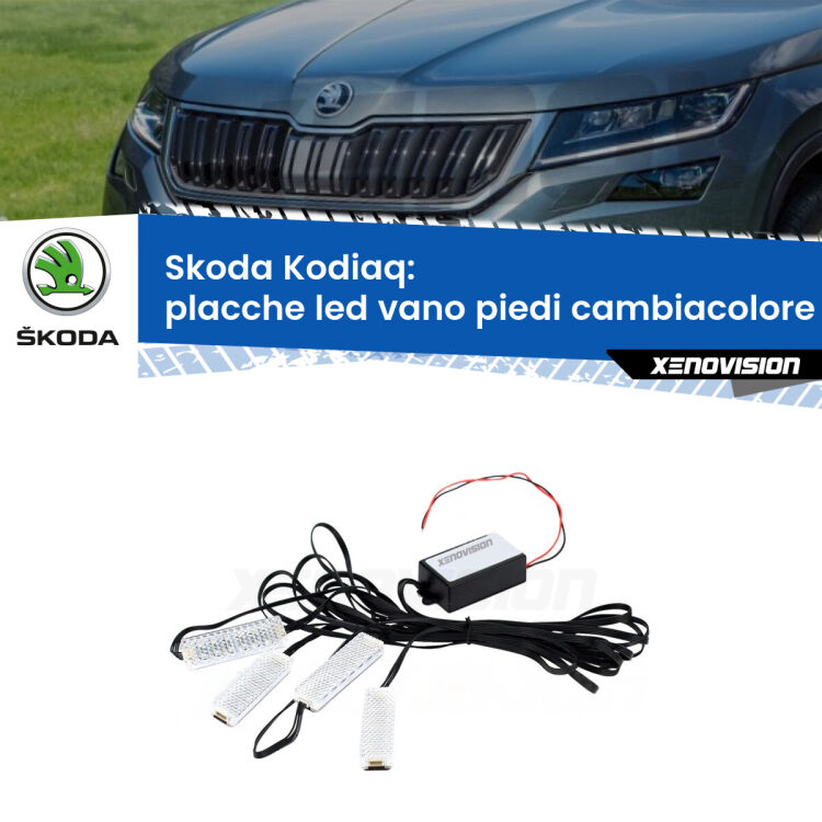Placche LED vano piedi cambiacolore bluetooth per Skoda Kodiaq 2016 in poi <strong>Kit placche LED cambiacolore vano piedi Skoda Kodiaq</strong> 2016 in poi. 4 placche <strong>Bluetooth</strong> con app Android /iOS.