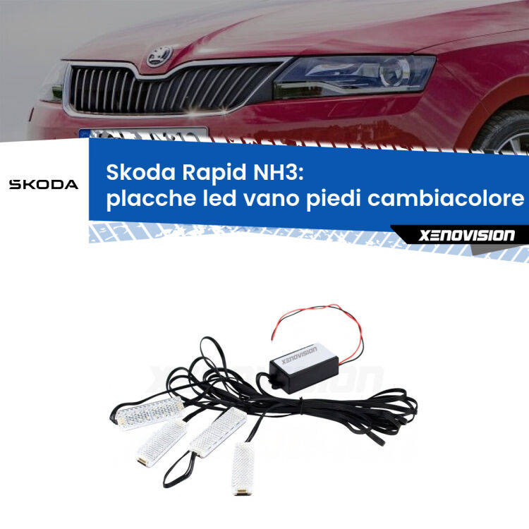 0 Placche LED vano piedi cambiacolore bluetooth per Skoda Rapid NH3 2012 - 2021 <strong>Kit placche LED cambiacolore vano piedi Skoda Rapid</strong> NH3 2012 - 2021. 4 placche <strong>Bluetooth</strong> con app Android /iOS.