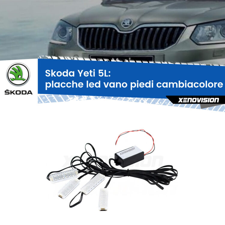Placche LED vano piedi cambiacolore bluetooth per Skoda Yeti 5L 2009 - 2017 <strong>Kit placche LED cambiacolore vano piedi Skoda Yeti</strong> 5L 2009 - 2017. 4 placche <strong>Bluetooth</strong> con app Android /iOS.