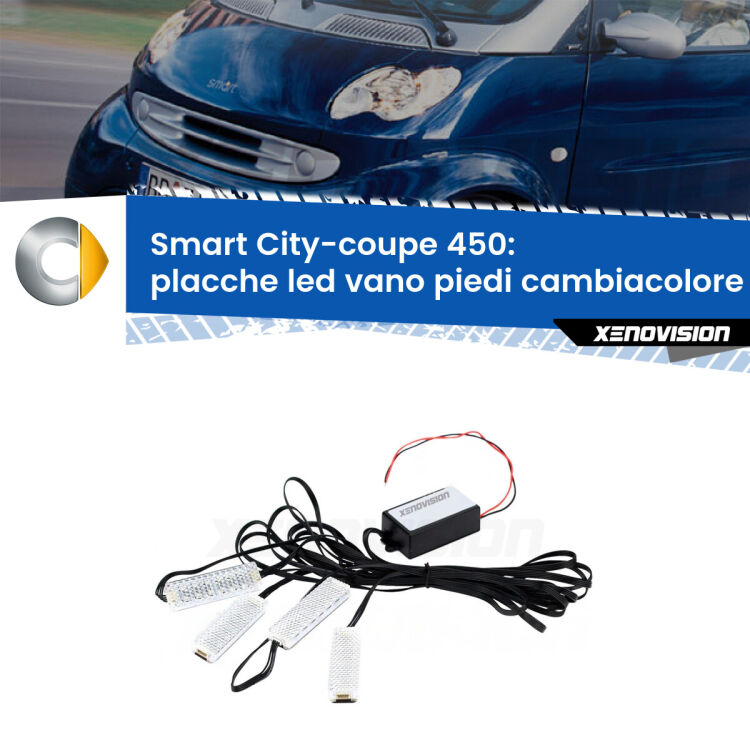 Placche LED vano piedi cambiacolore bluetooth per Smart City-coupe 450 1998 - 2004 <strong>Kit placche LED cambiacolore vano piedi Smart City-coupe</strong> 450 1998 - 2004. 4 placche <strong>Bluetooth</strong> con app Android /iOS.
