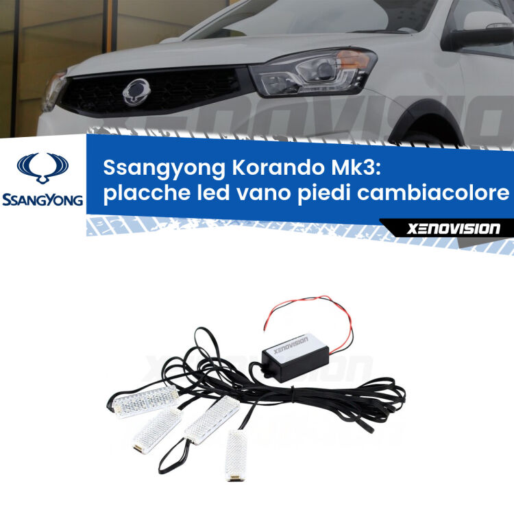0 Placche LED vano piedi cambiacolore bluetooth per Ssangyong Korando Mk3 2010 - 2019 <strong>Kit placche LED cambiacolore vano piedi Ssangyong Korando</strong> Mk3 2010 - 2019. 4 placche <strong>Bluetooth</strong> con app Android /iOS.