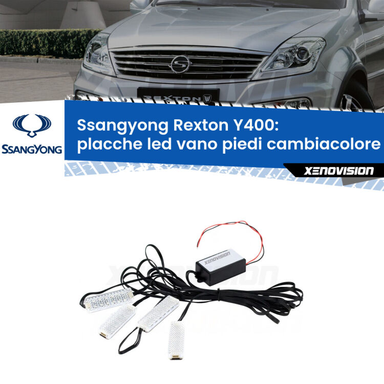 0 Placche LED vano piedi cambiacolore bluetooth per Ssangyong Rexton Y400 2017 in poi <strong>Kit placche LED cambiacolore vano piedi Ssangyong Rexton</strong> Y400 2017 in poi. 4 placche <strong>Bluetooth</strong> con app Android /iOS.