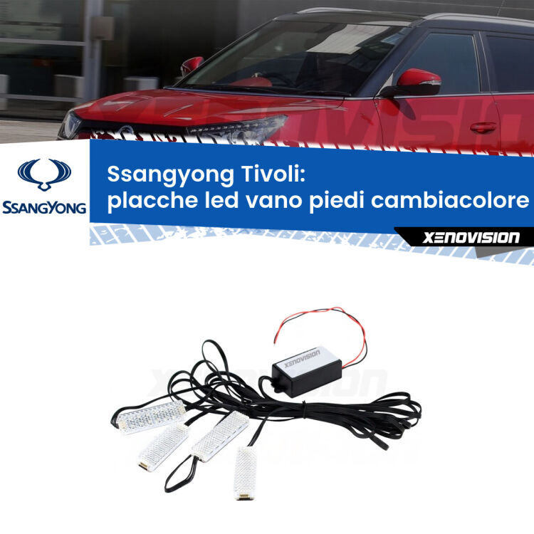Placche LED vano piedi cambiacolore bluetooth per Ssangyong Tivoli  2015 in poi <strong>Kit placche LED cambiacolore vano piedi Ssangyong Tivoli</strong>  2015 in poi. 4 placche <strong>Bluetooth</strong> con app Android /iOS.