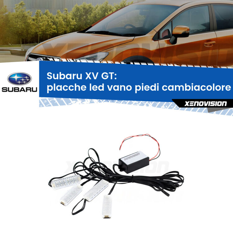 Placche LED vano piedi cambiacolore bluetooth per Subaru XV GT 2017 - 2021 <strong>Kit placche LED cambiacolore vano piedi Subaru XV</strong> GT 2017 - 2021. 4 placche <strong>Bluetooth</strong> con app Android /iOS.