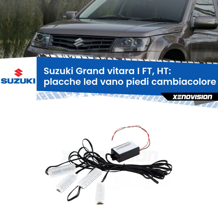 0 Placche LED vano piedi cambiacolore bluetooth per Suzuki Grand vitara I FT, HT 1998 - 2006 <strong>Kit placche LED cambiacolore vano piedi Suzuki Grand vitara I</strong> FT, HT 1998 - 2006. 4 placche <strong>Bluetooth</strong> con app Android /iOS.
