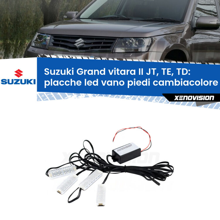 Placche LED vano piedi cambiacolore bluetooth per Suzuki Grand vitara II JT, TE, TD 2005 - 2015 <strong>Kit placche LED cambiacolore vano piedi Suzuki Grand vitara II</strong> JT, TE, TD 2005 - 2015. 4 placche <strong>Bluetooth</strong> con app Android /iOS.