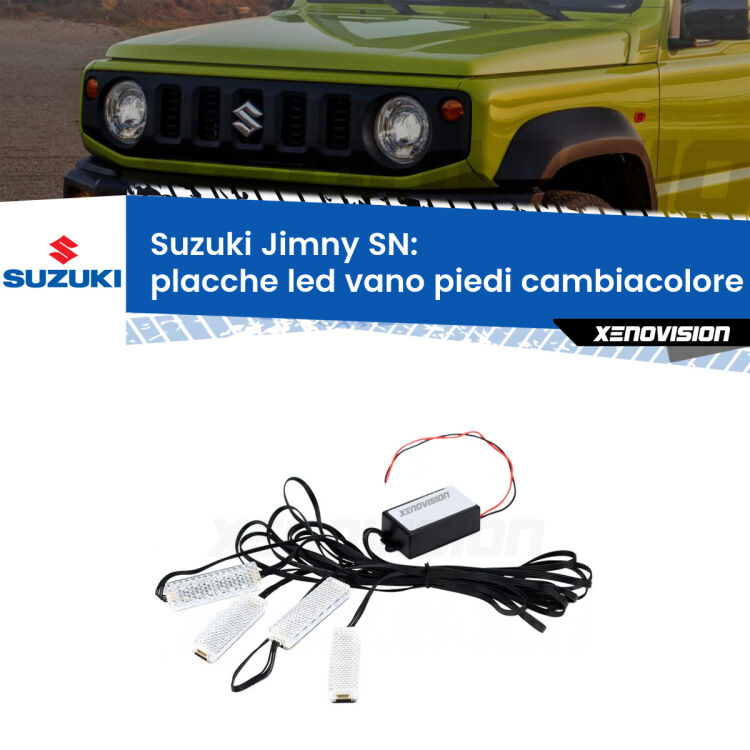 0 Placche LED vano piedi cambiacolore bluetooth per Suzuki Jimny SN 1998 in poi <strong>Kit placche LED cambiacolore vano piedi Suzuki Jimny</strong> SN 1998 in poi. 4 placche <strong>Bluetooth</strong> con app Android /iOS.