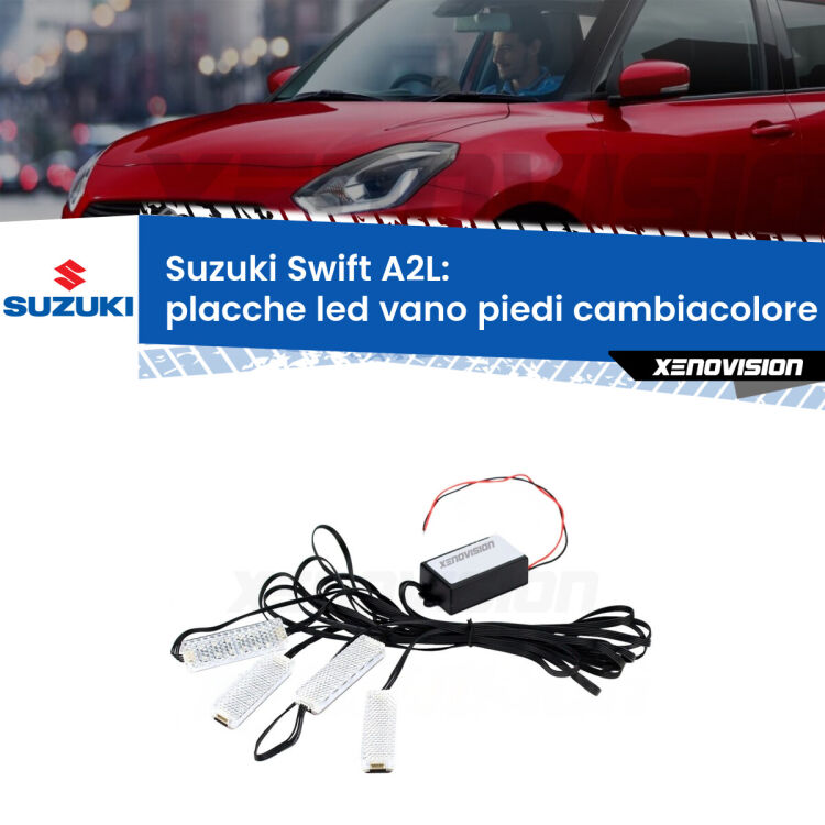 0 Placche LED vano piedi cambiacolore bluetooth per Suzuki Swift A2L 2017 in poi <strong>Kit placche LED cambiacolore vano piedi Suzuki Swift</strong> A2L 2017 in poi. 4 placche <strong>Bluetooth</strong> con app Android /iOS.