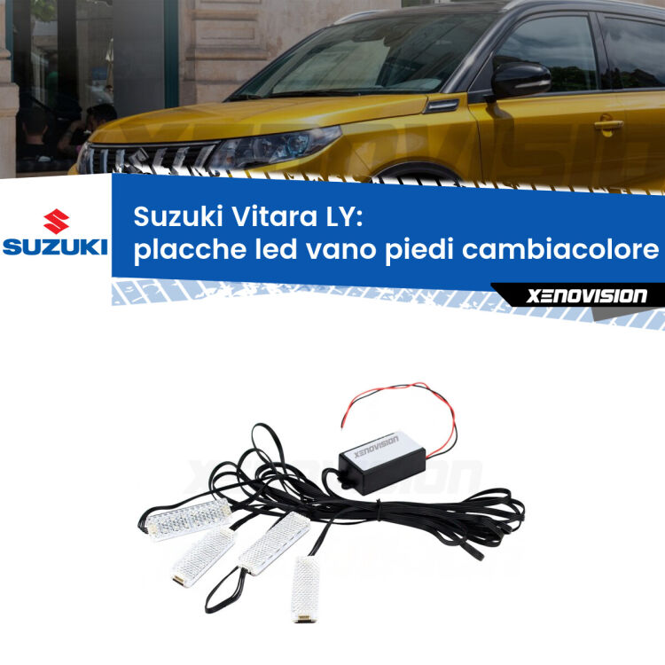 Placche LED vano piedi cambiacolore bluetooth per Suzuki Vitara LY 2015 in poi <strong>Kit placche LED cambiacolore vano piedi Suzuki Vitara</strong> LY 2015 in poi. 4 placche <strong>Bluetooth</strong> con app Android /iOS.