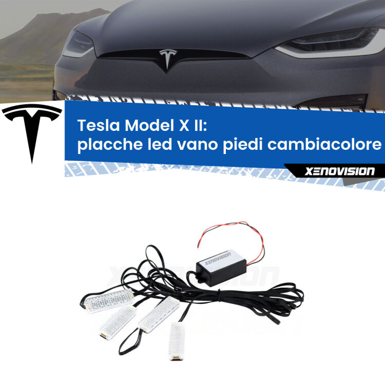 0 Placche LED vano piedi cambiacolore bluetooth per Tesla Model X II 2022 in poi <strong>Kit placche LED cambiacolore vano piedi Tesla Model X</strong> II 2022 in poi. 4 placche <strong>Bluetooth</strong> con app Android /iOS.