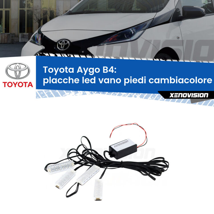 Placche LED vano piedi cambiacolore bluetooth per Toyota Aygo B4 2014 in poi <strong>Kit placche LED cambiacolore vano piedi Toyota Aygo</strong> B4 2014 in poi. 4 placche <strong>Bluetooth</strong> con app Android /iOS.
