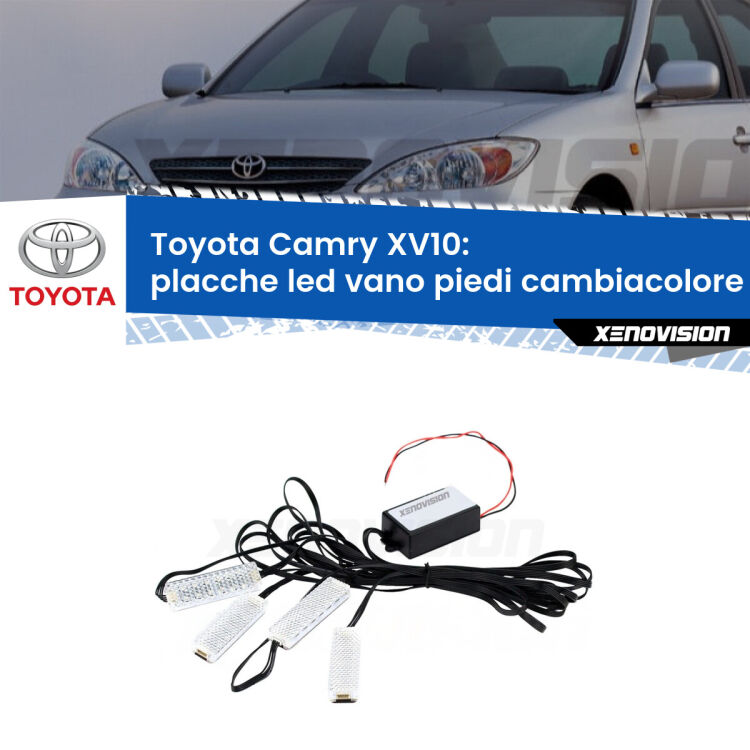 Placche LED vano piedi cambiacolore bluetooth per Toyota Camry XV10 1991 - 1996 <strong>Kit placche LED cambiacolore vano piedi Toyota Camry</strong> XV10 1991 - 1996. 4 placche <strong>Bluetooth</strong> con app Android /iOS.