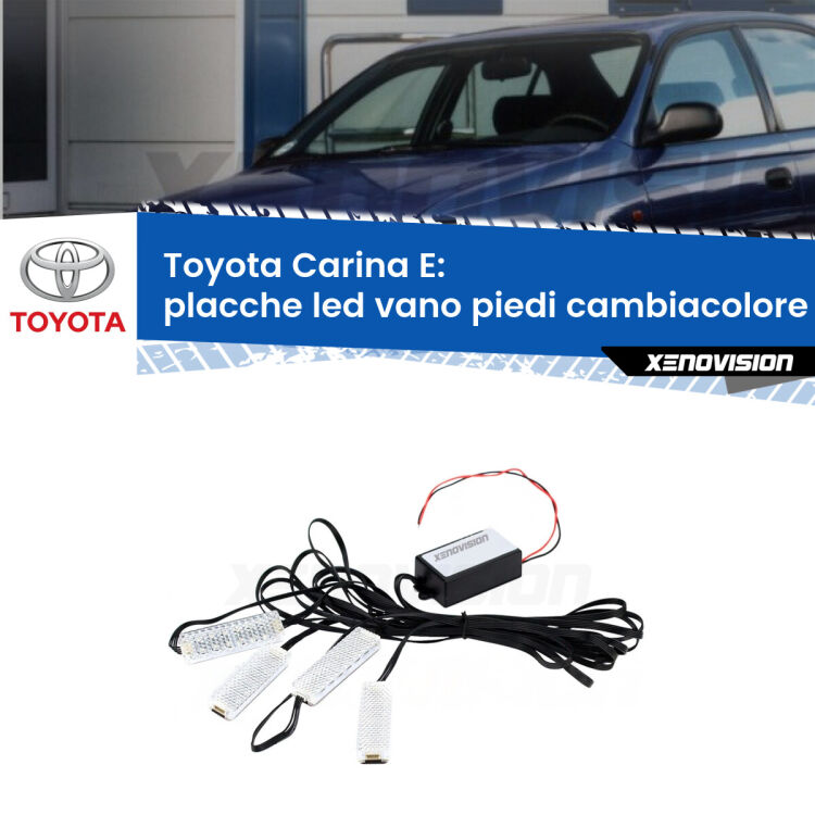Placche LED vano piedi cambiacolore bluetooth per Toyota Carina E 1992 - 1997 <strong>Kit placche LED cambiacolore vano piedi Toyota Carina E</strong> 1992 - 1997. 4 placche <strong>Bluetooth</strong> con app Android /iOS.