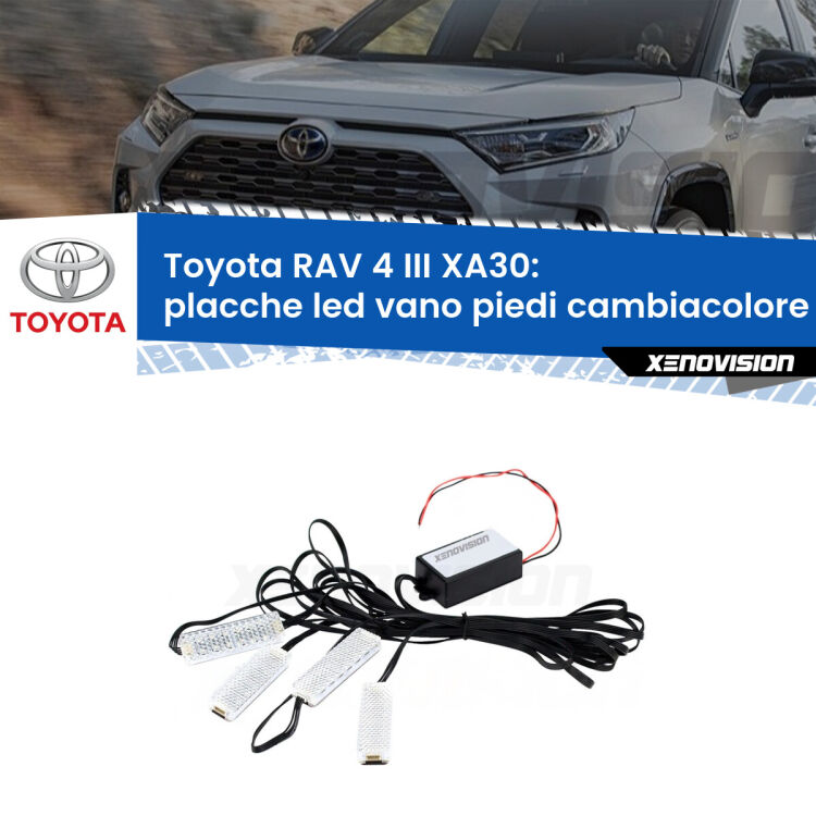 Placche LED vano piedi cambiacolore bluetooth per Toyota RAV 4 III XA30 2005 - 2014 <strong>Kit placche LED cambiacolore vano piedi Toyota RAV 4 III</strong> XA30 2005 - 2014. 4 placche <strong>Bluetooth</strong> con app Android /iOS.