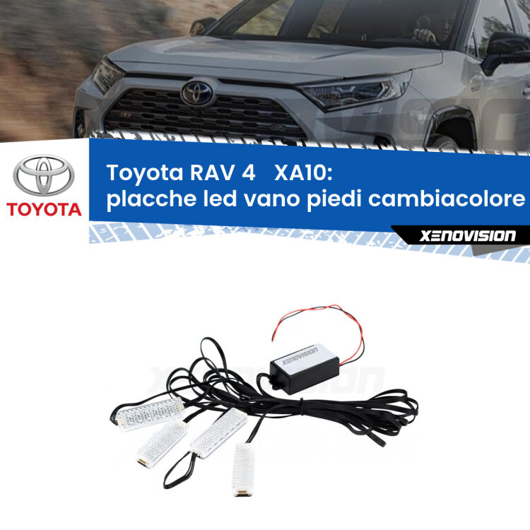Placche LED vano piedi cambiacolore bluetooth per Toyota RAV 4 XA10 1994 - 2000 <strong>Kit placche LED cambiacolore vano piedi Toyota RAV 4 </strong> XA10 1994 - 2000. 4 placche <strong>Bluetooth</strong> con app Android /iOS.