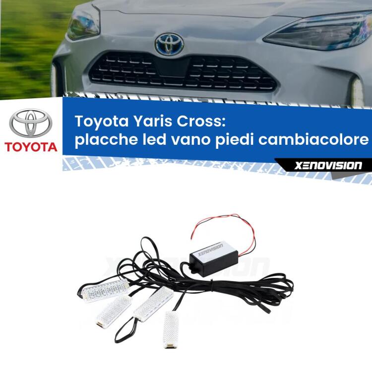 0 Placche LED vano piedi cambiacolore bluetooth per Toyota Yaris Cross 2020 in poi <strong>Kit placche LED cambiacolore vano piedi Toyota Yaris Cross</strong> 2020 in poi. 4 placche <strong>Bluetooth</strong> con app Android /iOS.