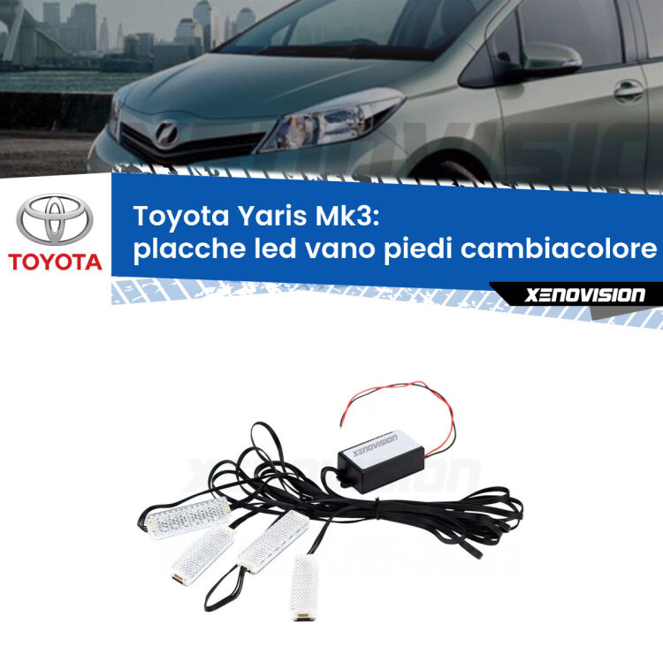 0 Placche LED vano piedi cambiacolore bluetooth per Toyota Yaris Mk3 2010 - 2019 <strong>Kit placche LED cambiacolore vano piedi Toyota Yaris</strong> Mk3 2010 - 2019. 4 placche <strong>Bluetooth</strong> con app Android /iOS.