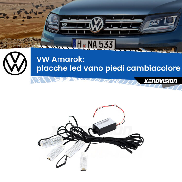 Placche LED vano piedi cambiacolore bluetooth per VW Amarok  2010 - 2021 <strong>Kit placche LED cambiacolore vano piedi VW Amarok</strong>  2010 - 2021. 4 placche <strong>Bluetooth</strong> con app Android /iOS.