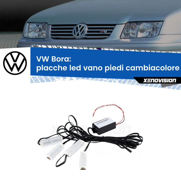 Placche LED vano piedi cambiacolore bluetooth per VW Bora  1999 - 2006 <strong>Kit placche LED cambiacolore vano piedi VW Bora</strong>  1999 - 2006. 4 placche <strong>Bluetooth</strong> con app Android /iOS.