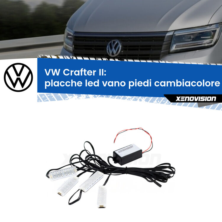 0 Placche LED vano piedi cambiacolore bluetooth per VW Crafter II 2017 in poi <strong>Kit placche LED cambiacolore vano piedi VW Crafter</strong> II 2017 in poi. 4 placche <strong>Bluetooth</strong> con app Android /iOS.