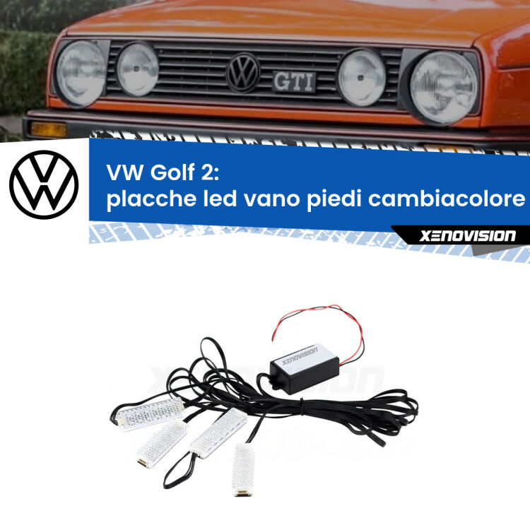 Placche LED vano piedi cambiacolore bluetooth per VW Golf 2  1983 - 1990 <strong>Kit placche LED cambiacolore vano piedi VW Golf 2</strong>  1983 - 1990. 4 placche <strong>Bluetooth</strong> con app Android /iOS.