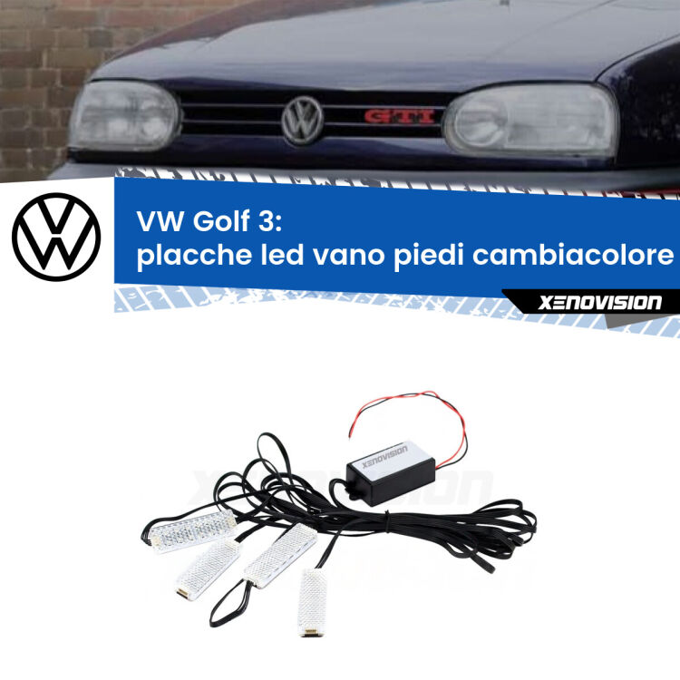Placche LED vano piedi cambiacolore bluetooth per VW Golf 3 1991 - 1997 <strong>Kit placche LED cambiacolore vano piedi VW Golf 3</strong> 1991 - 1997. 4 placche <strong>Bluetooth</strong> con app Android /iOS.