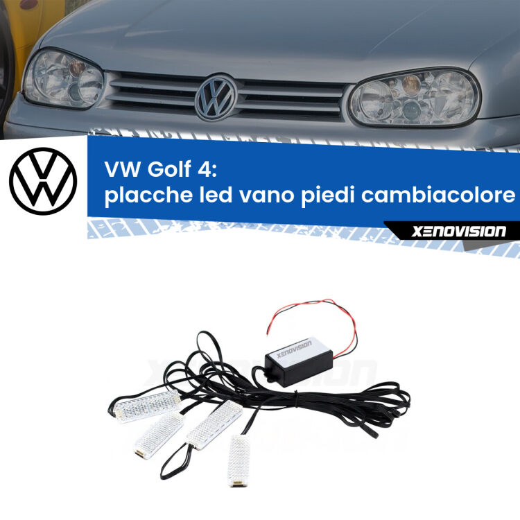 Placche LED vano piedi cambiacolore bluetooth per VW Golf 4  1997 - 2005 <strong>Kit placche LED cambiacolore vano piedi VW Golf 4</strong>  1997 - 2005. 4 placche <strong>Bluetooth</strong> con app Android /iOS.
