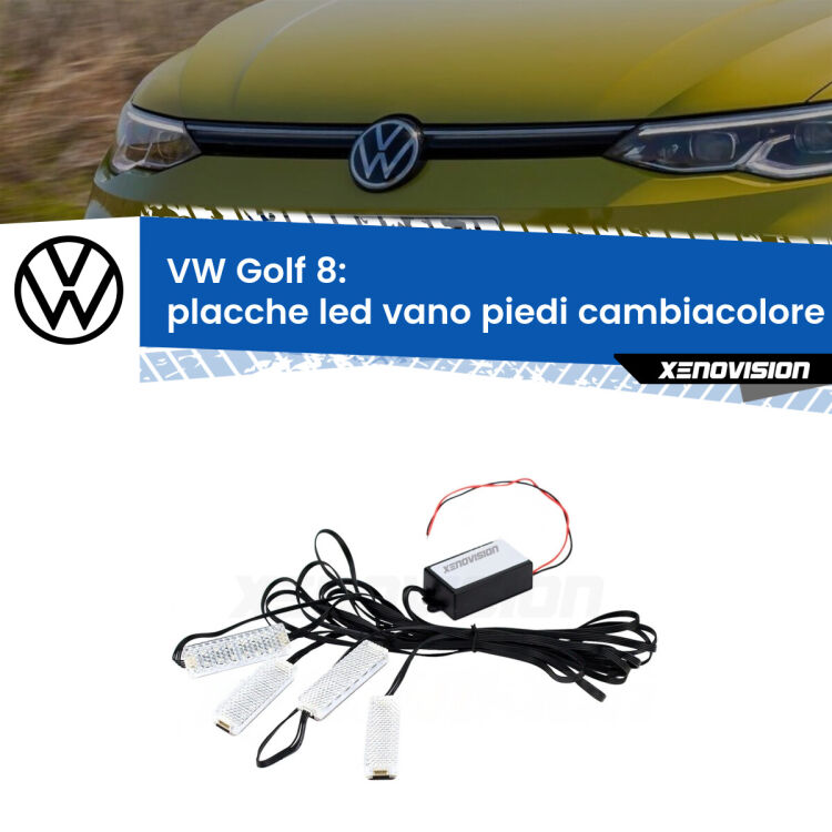 Placche LED vano piedi cambiacolore bluetooth per VW Golf 8 2019 in poi <strong>Kit placche LED cambiacolore vano piedi VW Golf 8</strong> 2019 in poi. 4 placche <strong>Bluetooth</strong> con app Android /iOS.