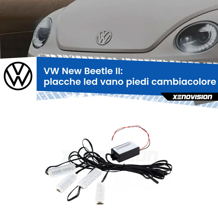 0 Placche LED vano piedi cambiacolore bluetooth per VW New Beetle II 2011 - 2019 <strong>Kit placche LED cambiacolore vano piedi VW New Beetle</strong> II 2011 - 2019. 4 placche <strong>Bluetooth</strong> con app Android /iOS.