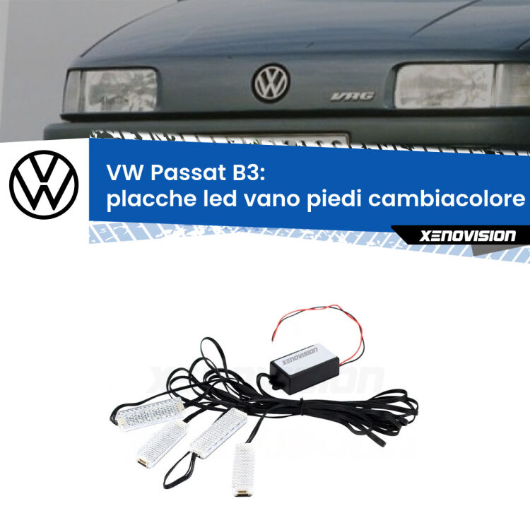 Placche LED vano piedi cambiacolore bluetooth per VW Passat B3 1988 - 1996 <strong>Kit placche LED cambiacolore vano piedi VW Passat</strong> B3 1988 - 1996. 4 placche <strong>Bluetooth</strong> con app Android /iOS.