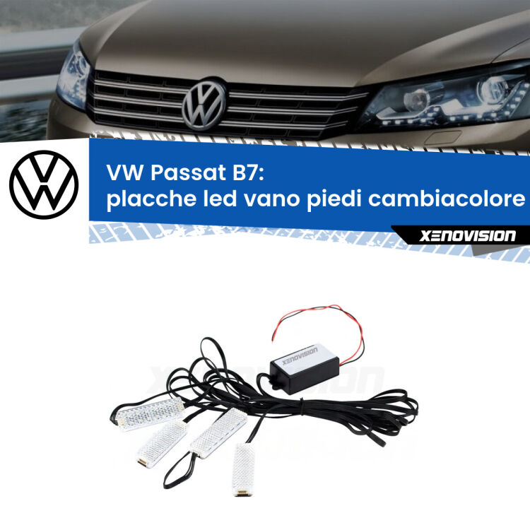 Placche LED vano piedi cambiacolore bluetooth per VW Passat B7 2010 - 2014 <strong>Kit placche LED cambiacolore vano piedi VW Passat</strong> B7 2010 - 2014. 4 placche <strong>Bluetooth</strong> con app Android /iOS.