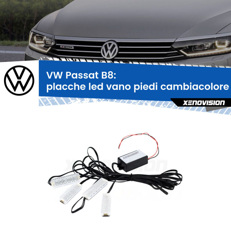 0 Placche LED vano piedi cambiacolore bluetooth per VW Passat B8 2015 - 2022 <strong>Kit placche LED cambiacolore vano piedi VW Passat</strong> B8 2015 - 2022. 4 placche <strong>Bluetooth</strong> con app Android /iOS.