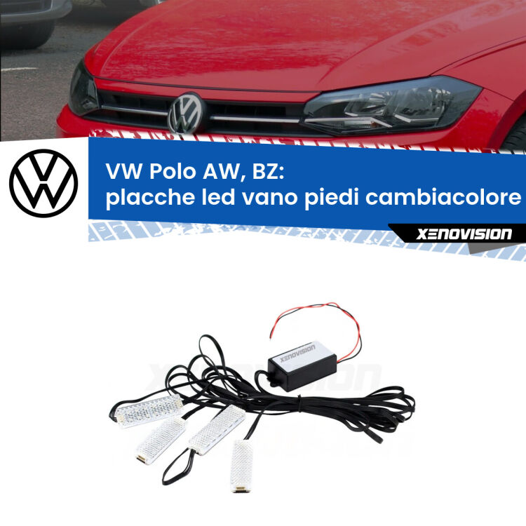 Placche LED vano piedi cambiacolore bluetooth per VW Polo AW, BZ 2017 in poi <strong>Kit placche LED cambiacolore vano piedi VW Polo</strong> AW, BZ 2017 in poi. 4 placche <strong>Bluetooth</strong> con app Android /iOS.