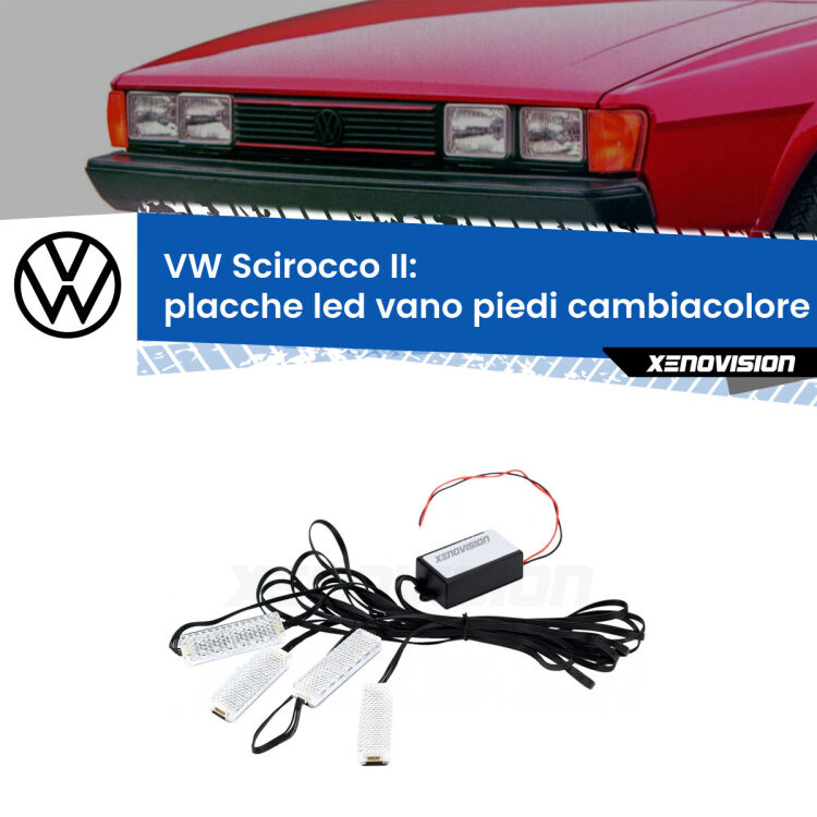 0 Placche LED vano piedi cambiacolore bluetooth per VW Scirocco II 1980 - 1992 <strong>Kit placche LED cambiacolore vano piedi VW Scirocco</strong> II 1980 - 1992. 4 placche <strong>Bluetooth</strong> con app Android /iOS.
