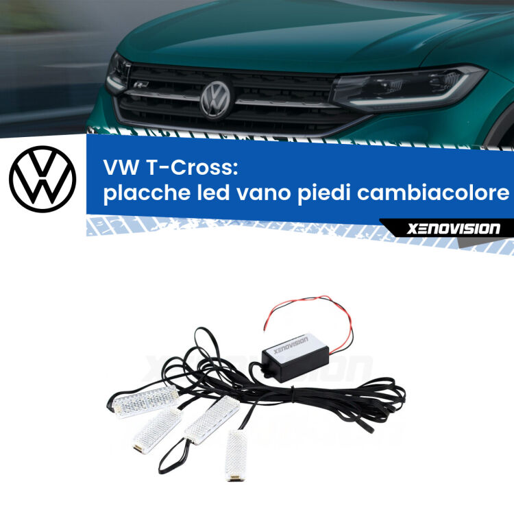 0 Placche LED vano piedi cambiacolore bluetooth per VW T-Cross  2018 in poi <strong>Kit placche LED cambiacolore vano piedi VW T-Cross</strong>  2018 in poi. 4 placche <strong>Bluetooth</strong> con app Android /iOS.