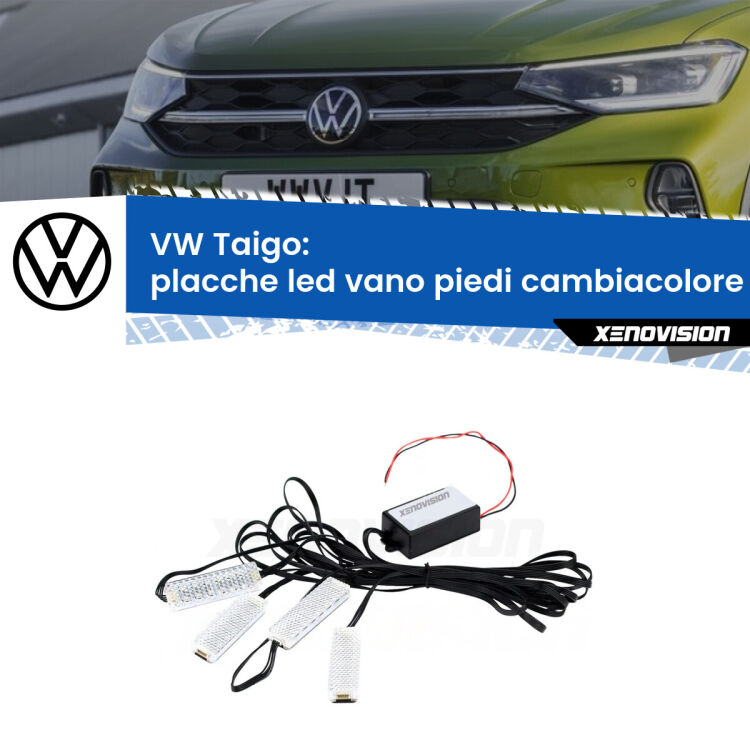 0 Placche LED vano piedi cambiacolore bluetooth per VW Taigo  2021 in poi <strong>Kit placche LED cambiacolore vano piedi VW Taigo</strong>  2021 in poi. 4 placche <strong>Bluetooth</strong> con app Android /iOS.
