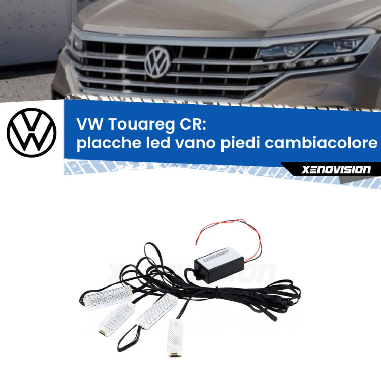 Placche LED vano piedi cambiacolore bluetooth per VW Touareg CR 2018 in poi <strong>Kit placche LED cambiacolore vano piedi VW Touareg</strong> CR 2018 in poi. 4 placche <strong>Bluetooth</strong> con app Android /iOS.