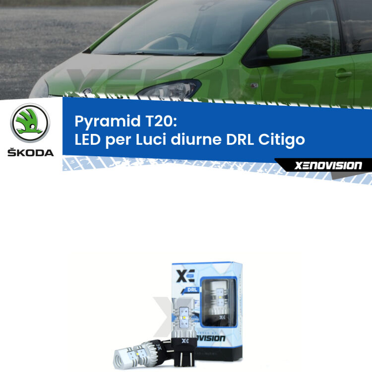0 Luci diurne LED Skoda Citigo con parabola singola: T20 Pyramid Coppia <strong>Luci diurne LED</strong> per Skoda <strong>Citigo </strong> con parabola singola. Lampadine premium <strong>T20</strong> ultra luminose e super canbus, modello Pyramid Xenovision.