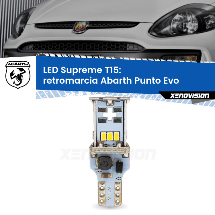0 Retromarcia LED Abarth Punto Evo 2010 - 2014: T15 Supreme <strong>LED retromarcia per Abarth Punto Evo</strong> 2010 - 2014. 15 Chip CREE 3535, sviluppa un'incredibile potenza. Qualità Massima. Oltre 6W reali di pura potenza.