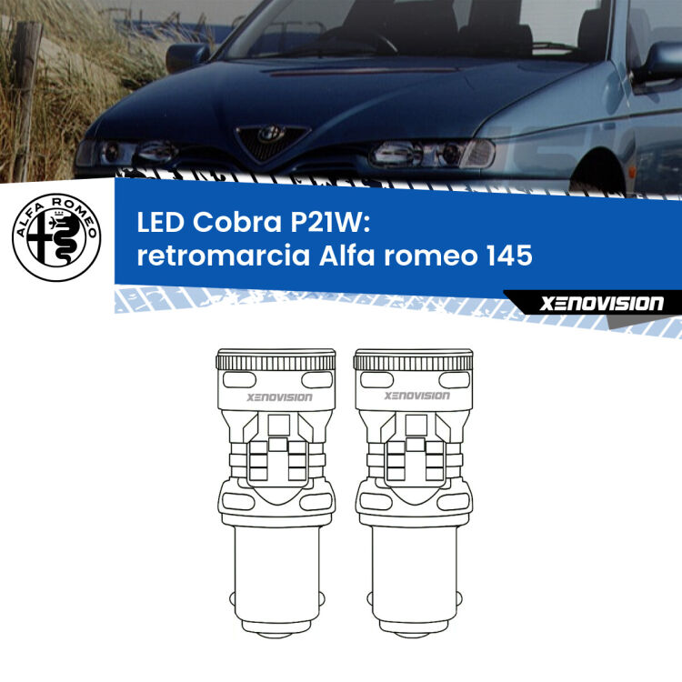 0 Retromarcia LED Alfa romeo 145 1994 - 2001: P21W Cobra <strong>Retromarcia LED no-spie per Alfa romeo 145</strong> 1994 - 2001. Coppia lampade <strong>P21W</strong> modello Cobra super-canbus, raffreddate a ventola.