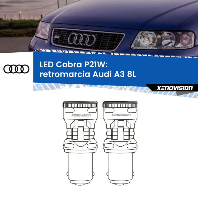 0 Retromarcia LED Audi A3 8L 1996 - 2003: P21W Cobra <strong>Retromarcia LED no-spie per Audi A3</strong> 8L 1996 - 2003. Coppia lampade <strong>P21W</strong> modello Cobra super-canbus, raffreddate a ventola.