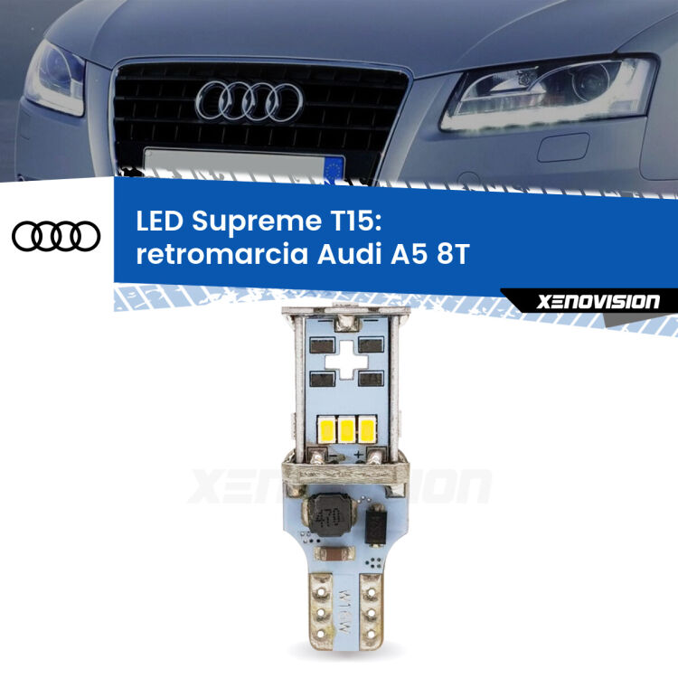 0 Retromarcia LED Audi A5 8T 2007 - 2017: T15 Supreme <strong>LED retromarcia per Audi A5</strong> 8T 2007 - 2017. 15 Chip CREE 3535, sviluppa un'incredibile potenza. Qualità Massima. Oltre 6W reali di pura potenza.