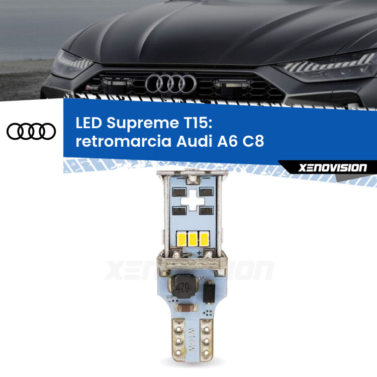 0 Retromarcia LED Audi A6 C8 2018 in poi: T15 Supreme <strong>LED retromarcia per Audi A6</strong> C8 2018 in poi. 15 Chip CREE 3535, sviluppa un'incredibile potenza. Qualità Massima. Oltre 6W reali di pura potenza.