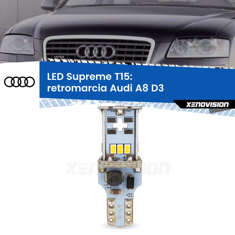 0 Retromarcia LED Audi A8 D3 2002 - 2009: T15 Supreme <strong>LED retromarcia per Audi A8</strong> D3 2002 - 2009. 15 Chip CREE 3535, sviluppa un'incredibile potenza. Qualità Massima. Oltre 6W reali di pura potenza.