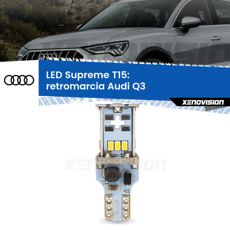 0 Retromarcia LED Audi Q3 2011 - 2018: T15 Supreme <strong>LED retromarcia per Audi Q3</strong> 2011 - 2018. 15 Chip CREE 3535, sviluppa un'incredibile potenza. Qualità Massima. Oltre 6W reali di pura potenza.