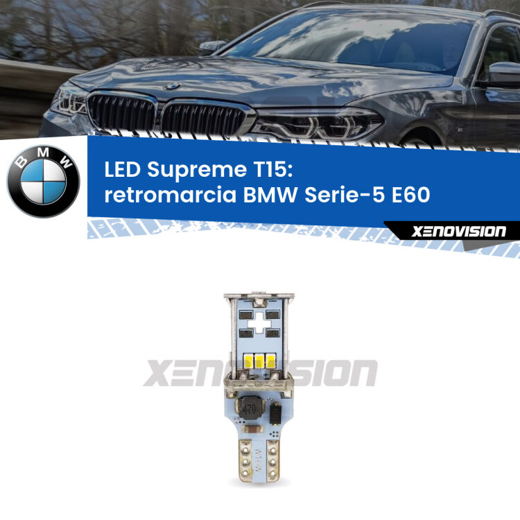 <strong>LED retromarcia per BMW Serie-5</strong> E60 2003 - 2010. 15 Chip CREE 3535, sviluppa un'incredibile potenza. Qualità Massima. Oltre 6W reali di pura potenza.