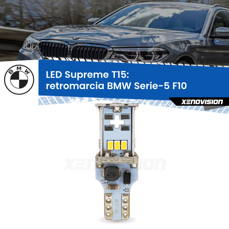 0 Retromarcia LED BMW Serie-5 F10 2010 - 2016: T15 Supreme <strong>LED retromarcia per BMW Serie-5</strong> F10 2010 - 2016. 15 Chip CREE 3535, sviluppa un'incredibile potenza. Qualità Massima. Oltre 6W reali di pura potenza.