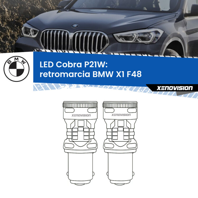 0 Retromarcia LED BMW X1 F48 2016 - 2021: P21W Cobra <strong>Retromarcia LED no-spie per BMW X1</strong> F48 2016 - 2021. Coppia lampade <strong>P21W</strong> modello Cobra super-canbus, raffreddate a ventola.