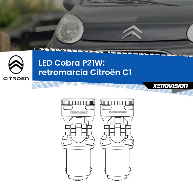 0 Retromarcia LED Citroën C1 2005 - 2013: P21W Cobra <strong>Retromarcia LED no-spie per Citroën C1</strong> 2005 - 2013. Coppia lampade <strong>P21W</strong> modello Cobra super-canbus, raffreddate a ventola.